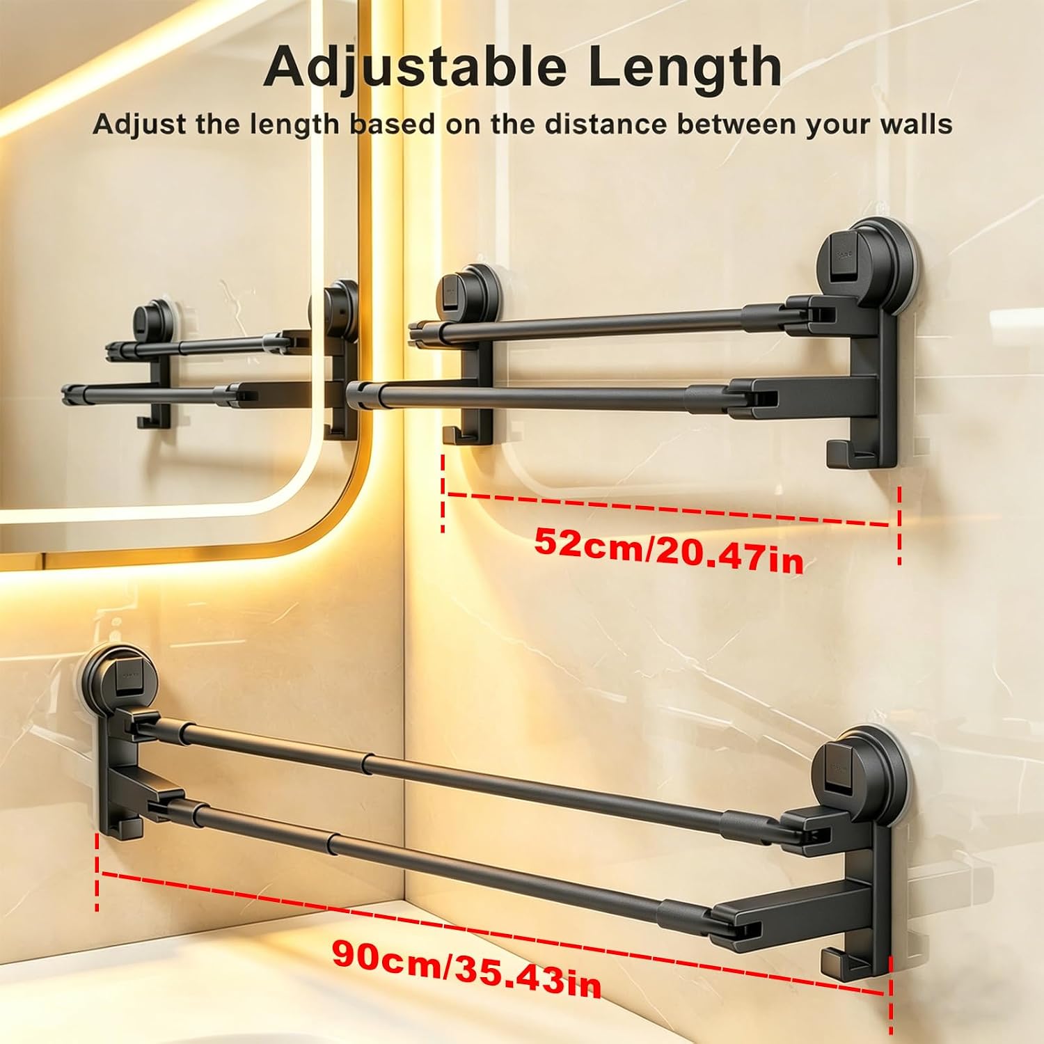 Adjustable Suction Cup Towel Bar for Bathroom Wall, 20.47 to 35.43 Inch Towel Racks for Bathroom, No Drill, Removable Bath Towel Holder for Shower, Gray