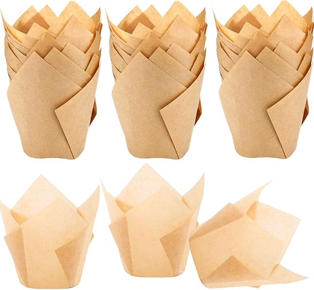 150pcs Tulip Cupcake Liners Natural Baking Cases Muffin Paper Liners GreaseProof Wrappers for Wedding, Birthday Party, Standard Size, Natural Color