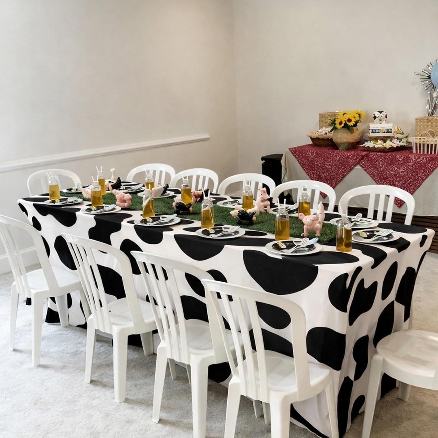Frienda 2 Pcs Cow Pattern Tablecloth Stretch Spandex Black and White Cow Pattern Table Cover 71 x 30'' Rectangle Tablecloth for Farm Animal Themed Birthday Baby Shower Party Decorations
