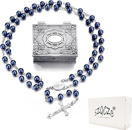 Miniatura 3 de SZQCZB Collar católico con cuentas de rosario, regalos de primera comunión católica, con lujosa caja de metal