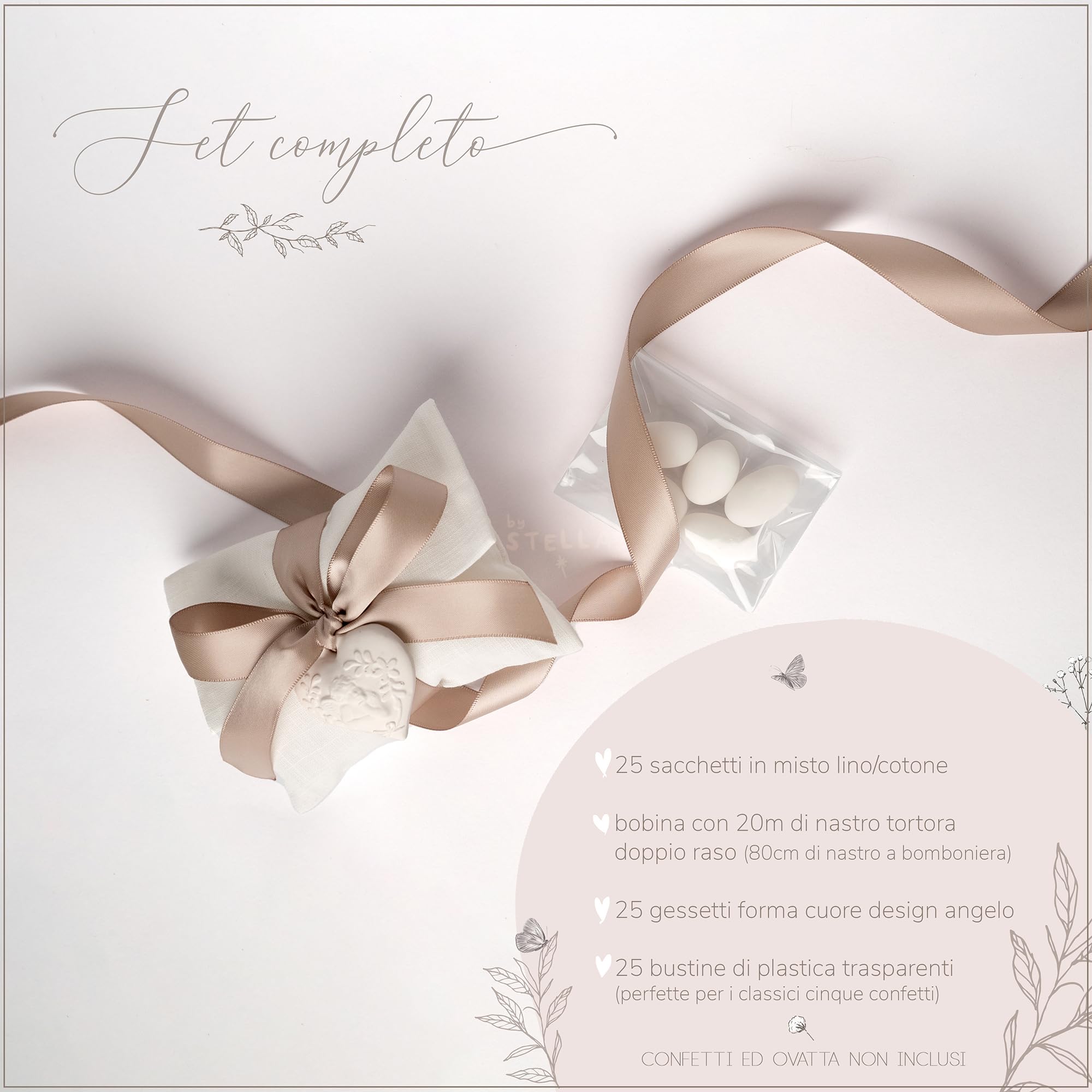 Eleganti Bomboniere Matrimonio/Cresima/Comunione in Soffice Misto Lino/Cotone, Sacchetti Portaconfetti con Gessetti Cuore/Angelo, 25 Pezzi (Salvia)