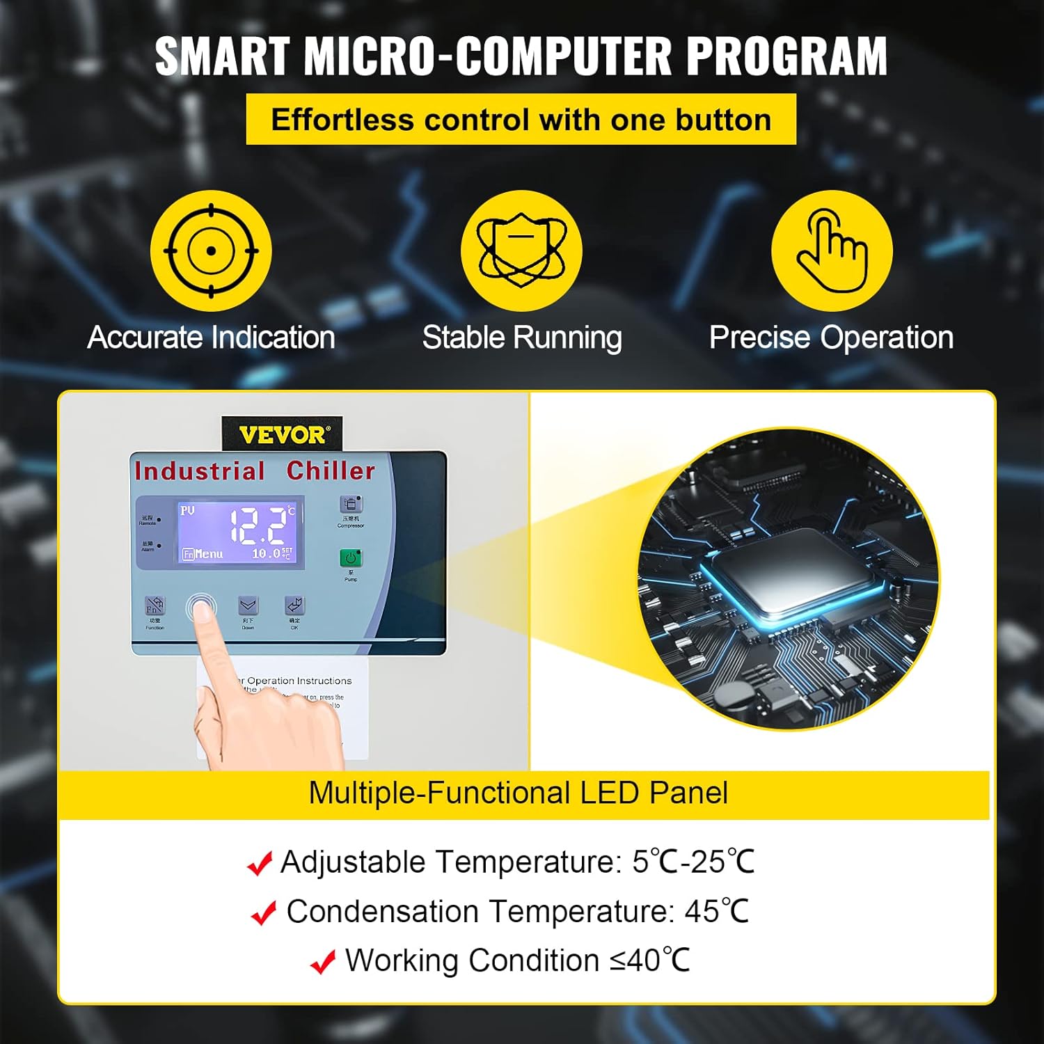 Micro-computer control panel of VEVOR YSD-15RT chiller with LCD display and buttons for temperature adjustment and operation.
