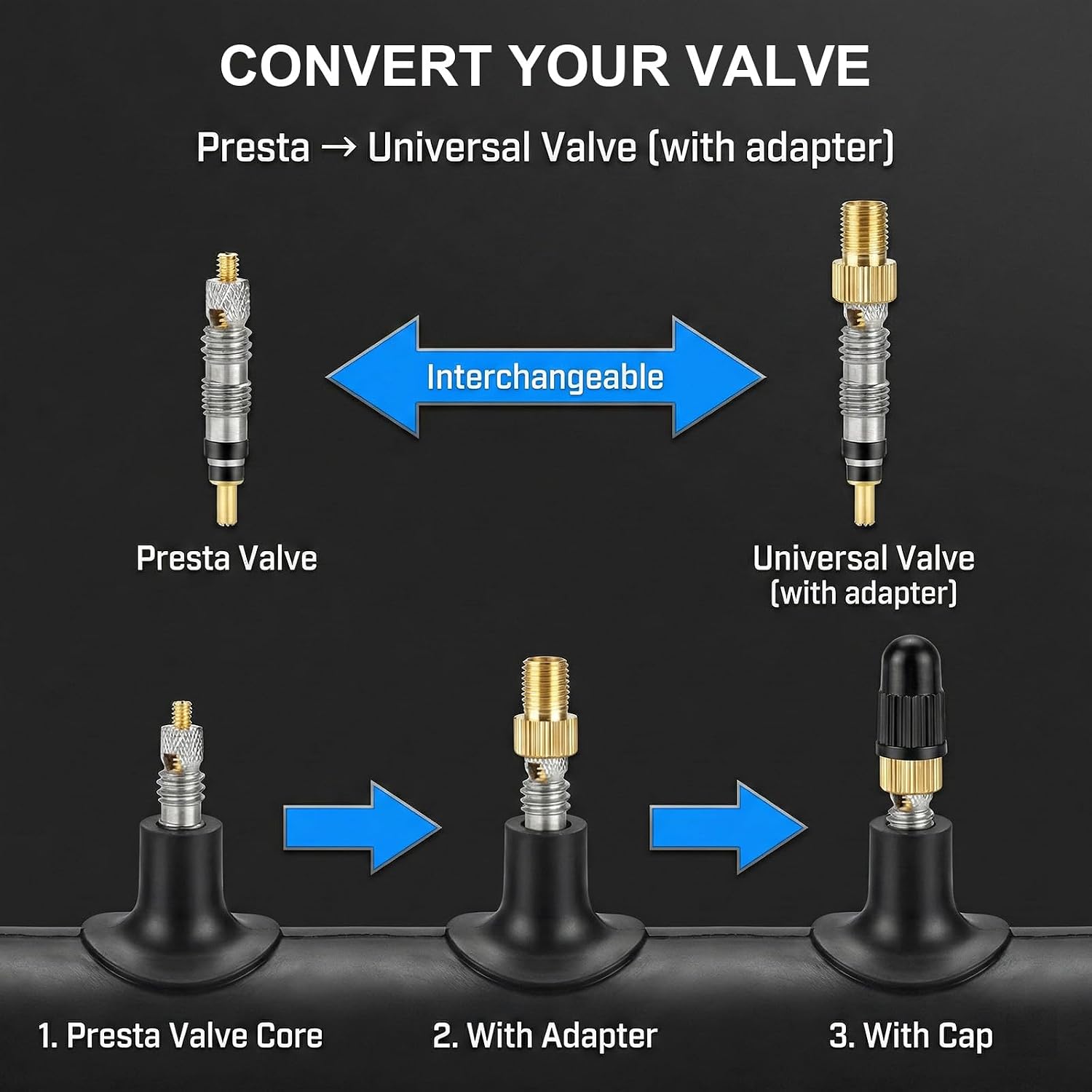 51PCS Presta Valve Core Repair Kit - Tubeless & Presta Valve Caps, Removal Tool, Adapters, Tire Valve Caps