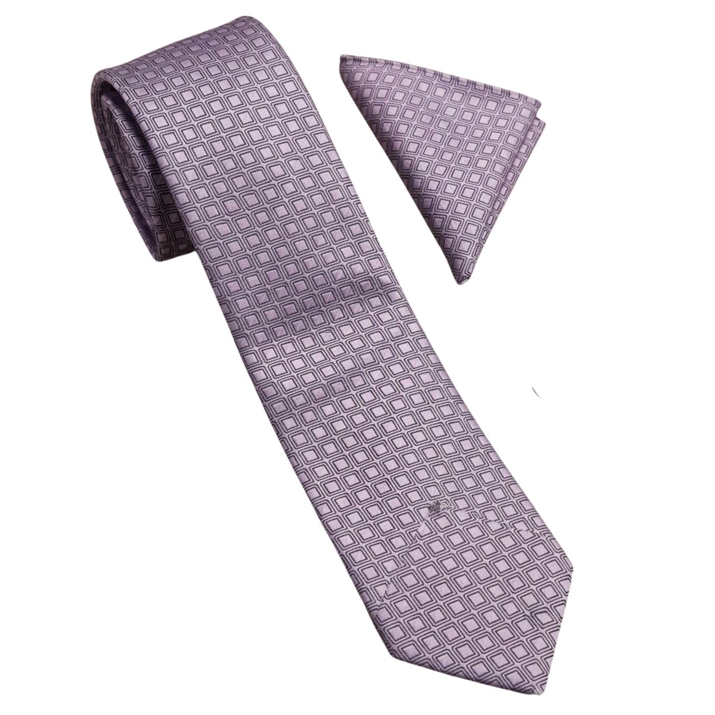 calixto Men's Lavender Geometric Necktie and Pocket Square Set – Classic Woven Silk Feel Tie for Business, Wedding, Formal Events, Office Wear, Elegant Purple Patterned Neck Tie Handkerchief Set-picture-34