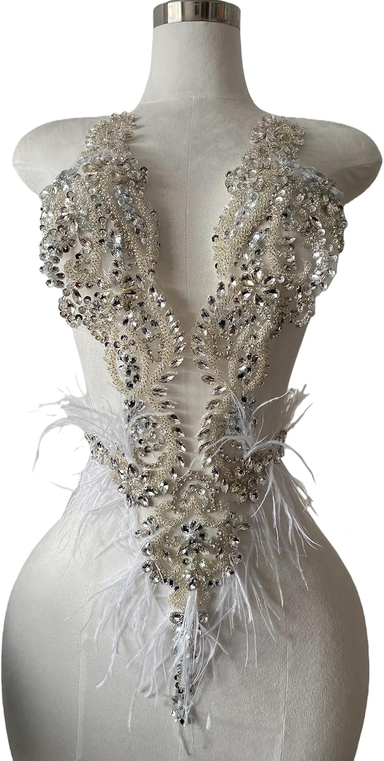 Hand Made Luxury Feathers Decorative DIY Accessories Hand Sewing Shiny Glass Rhinestones Bead Bodice Lace Applique Trim Patches (Silver)