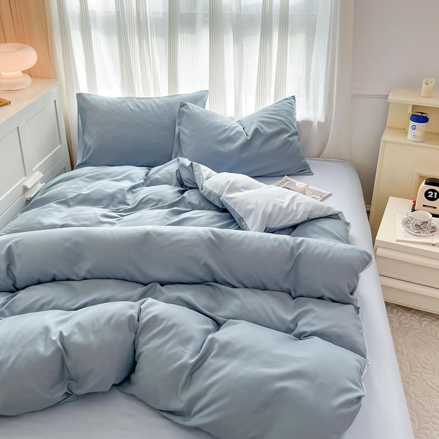 Simple Solid Color Queen Duvet Cover Set Comfort Sanded Cotton Bedding Set Luxury Soft Breathable Durable Comforter Cover with 2 Pillowcases No Comforter,Cream,Twin image 3