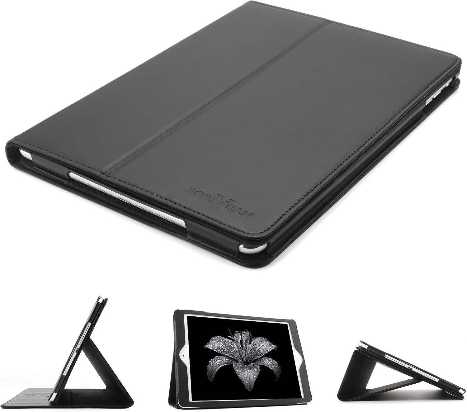 New iPad 9.7 Leather Case, BoriYuan Vintage Genuine Leather Smart Cover Protective Slim Folio Flip Stand for Apple iPad 9.7 2018 2017 with Card Slot Magnetic Sleep/Wake+Stylus+Screen Protector (Black)