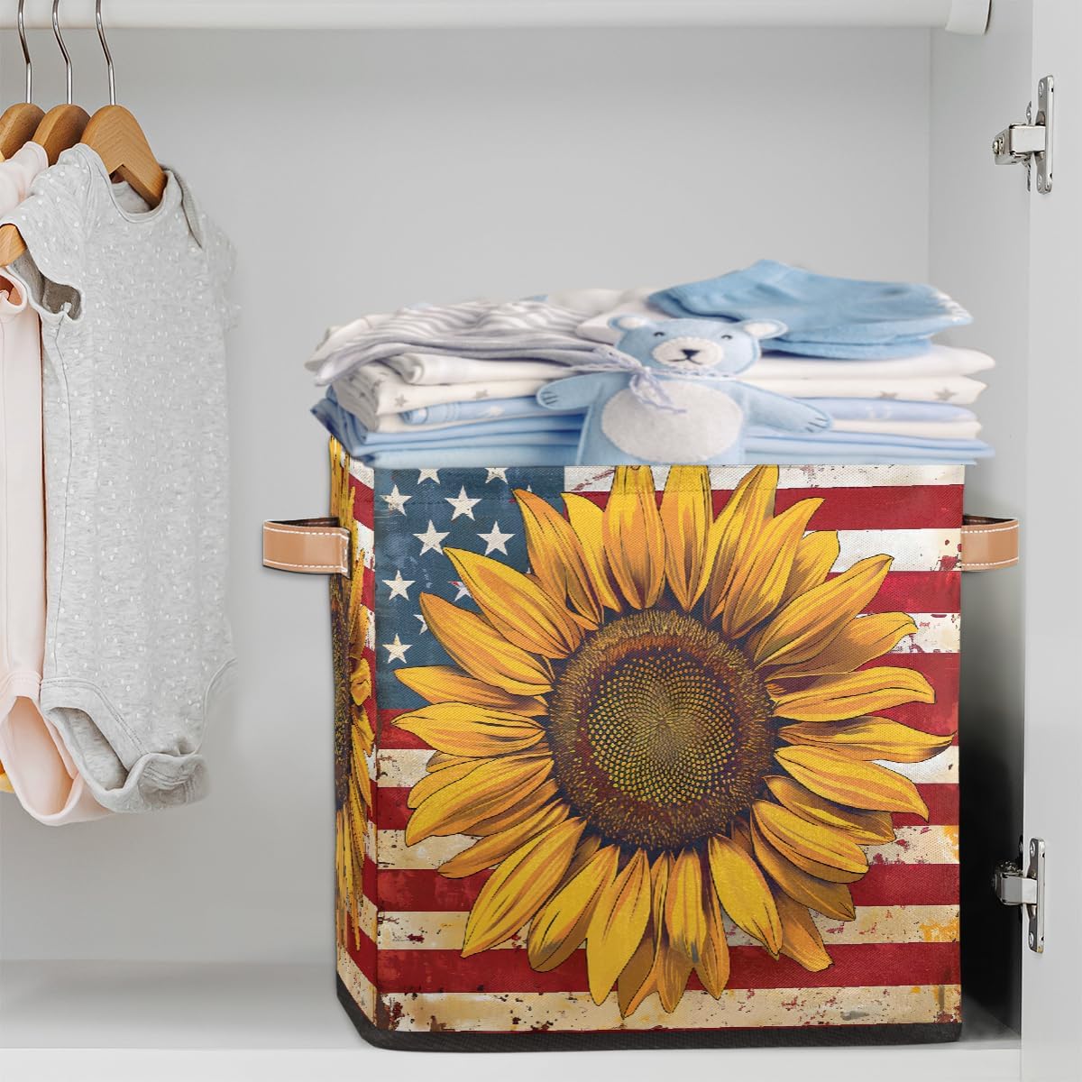 Foldable Cube Storage Baskets Flower Sunflower American Flag Collapsible Bins Kids Toy With Handles Fabric Storage Organizer Hamper For Nursery Living Room Bedroom Shelves Clothes Toy Box