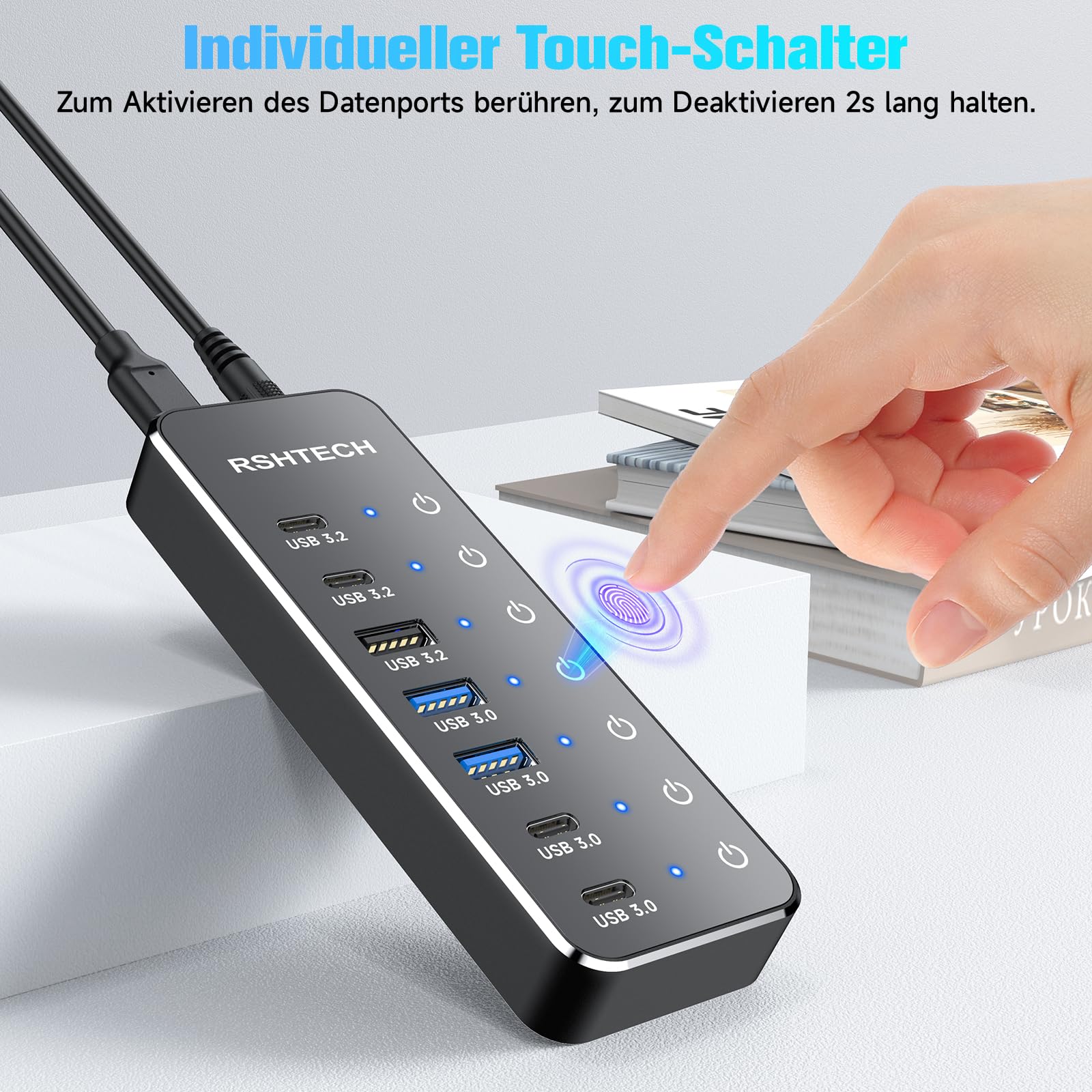 RSHTECH 7 Port Hub USB Alimenté, Alimentation DC 5V USB C Hub, RSH-ST07C-4 | avec 3*10Gbps Data Ports (USB-A, 2*USB-C), 4*5Gbps USB3.0 Ports (2*USB-A, 2*USB-C), Hub 3.2 USB avec CâbleUSB(100CM)