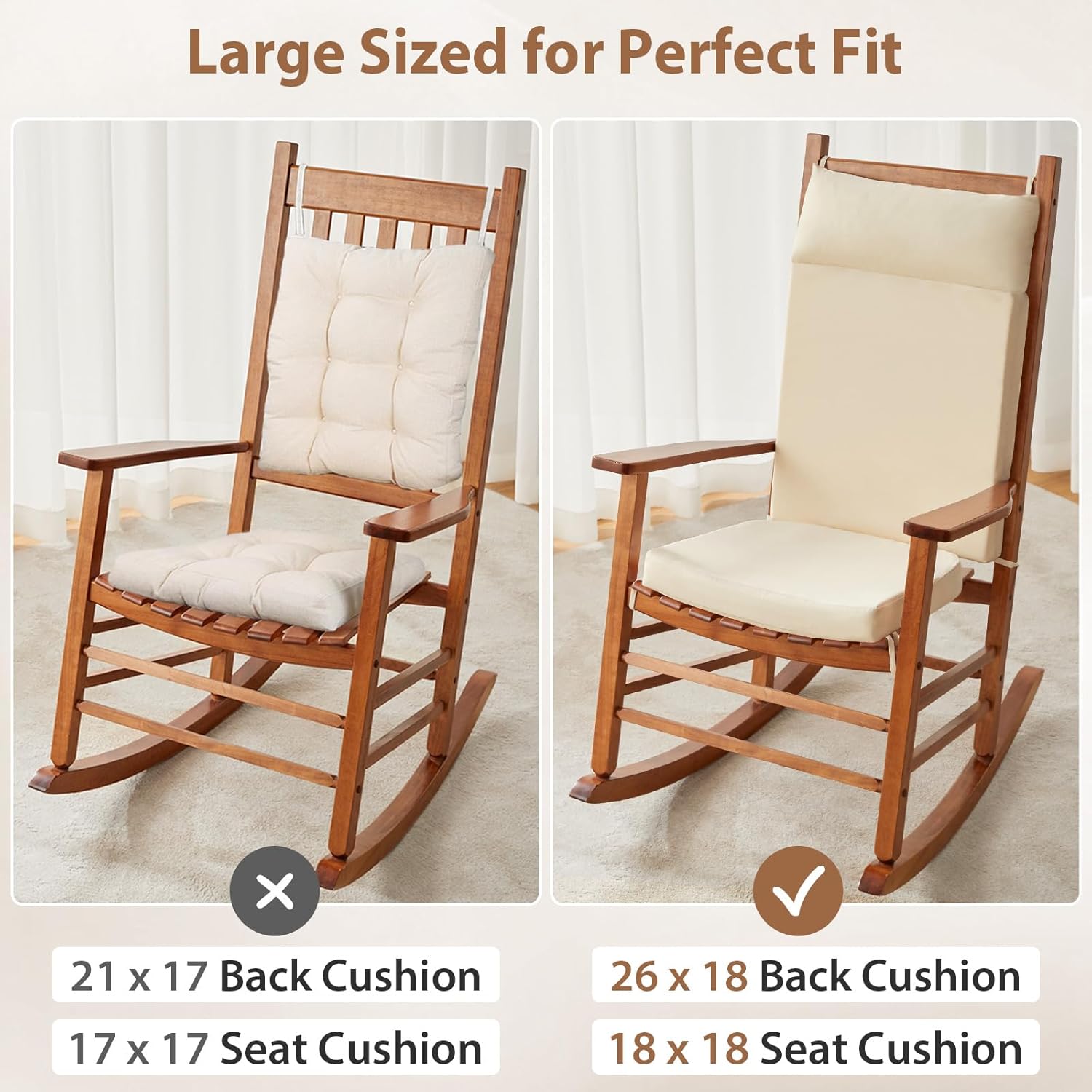 Waterproof Rocking Chair Cushions Outdoor & Indoor, Wooden Rocking Chair Pads, Non-Slip Large Glider Rocker Replacement Cushions with Pillow & Ties,Seat Back Cushion for Rocker Beige