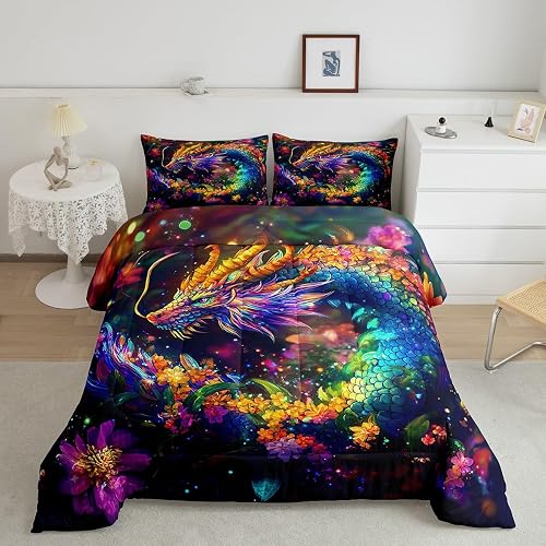 Feelyou Dragon Comforter Set King Size Flower Dragon Comfort