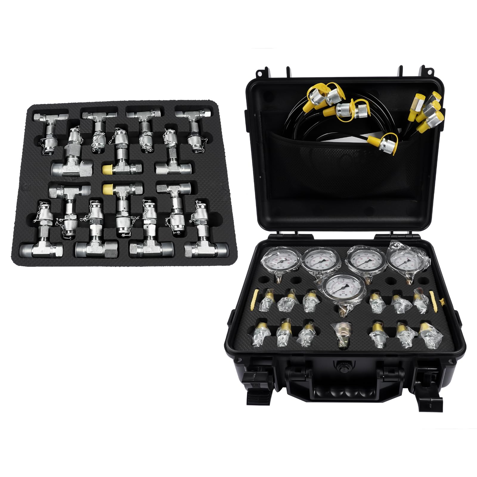 Hydraulic Pressure Test Kit, Excavator Hydraulic Pressure Test Kit with 5 Gauges, 13 Test Couplings, 14 Tee Connectors, 5 Test Hoses 10/100/250/400/