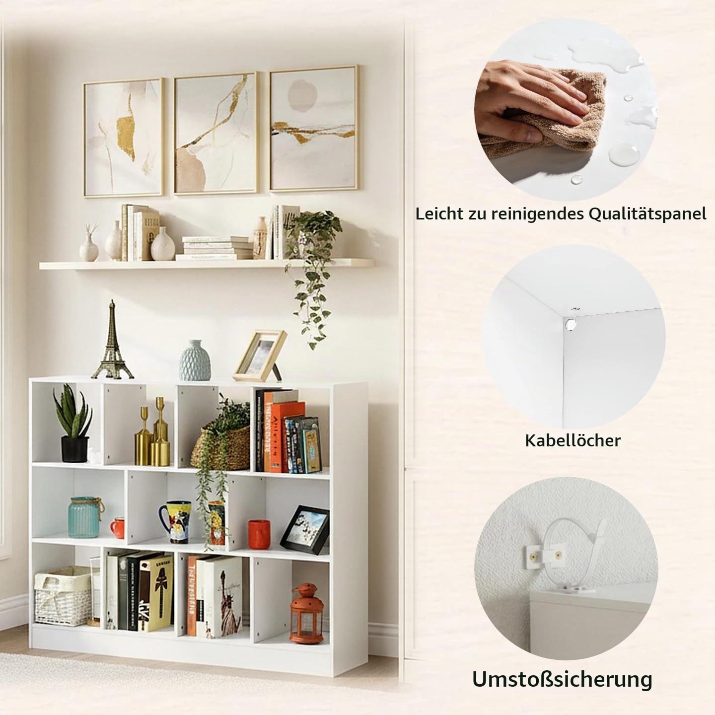 Bücherregal,Kleines Regal Bücher Holz,Kinder Raumteiler Regal Schrank mit 2 schubladen aus Vliesstoff 11 Fächern und lichtleiste,für Wohnzimmer Schlafzimmer Kinderzimmer Büro,Weiß,126x30x100cm