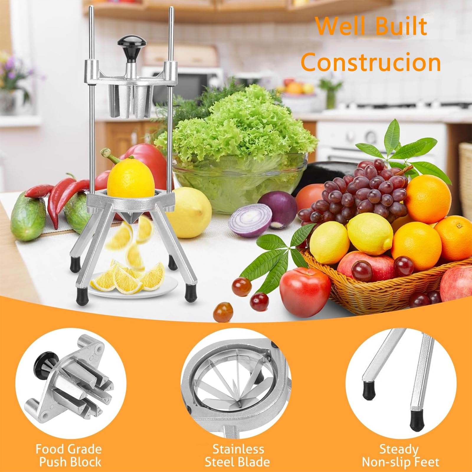 Cortador de limón para cuñas uniformes, cortador de lima de frutas de acero inoxidable para cocina profesional o doméstica, preparación rápida para restaurantes, 4/6/8/12 secciones