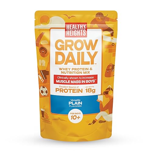 Grow Daily Boys - Bolsa de mezcla de batidos de 10 + de Healthy Heights - Proteína en polvo (liso) - Desarrollada por pediatras - Batido nutricional