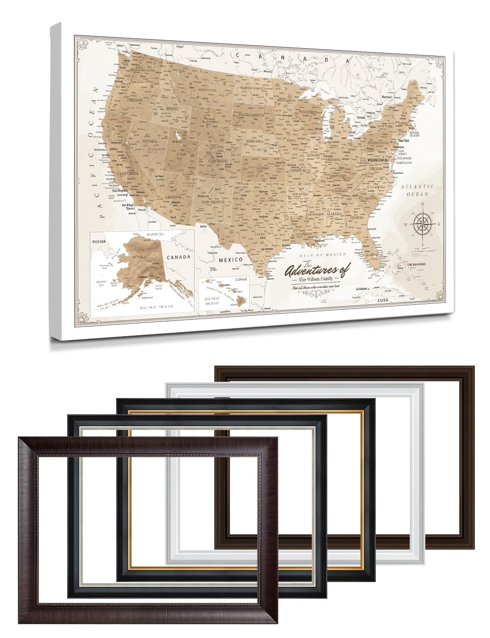 IPIC Personalized Vintage Framed USA Map Pin Board, Image Size 36x24 in