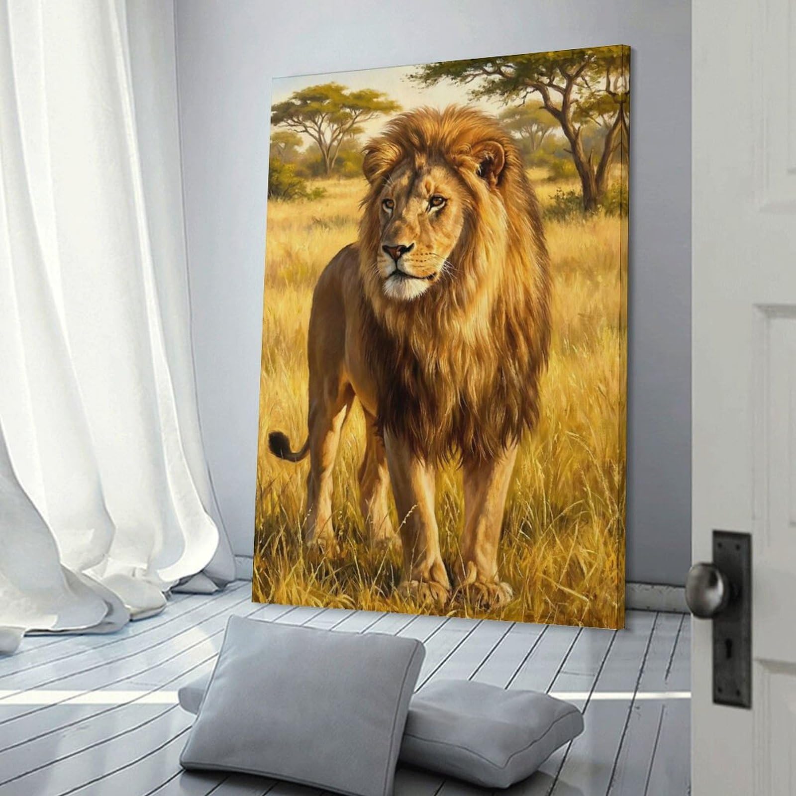 Majestic Lion in African Savannah Poster, Picture, Metal Print, Paint by Tesiga Canvas Wall Decor, 24x36inch(60x90cm), for Art Walls, Layered Displays Or Homes, Home Wall Art for Statement Displays