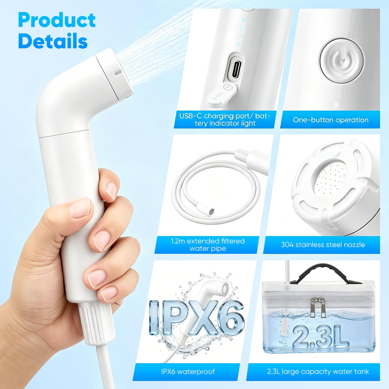 Bidet portatile con doccia elettrica, ricaricabile, serbatoio da 2,3 l, spray a 3 livelli, per toilette, viaggi e pulizia musulmana, bagno portatile per letto settimanale, cura intima (bianco)