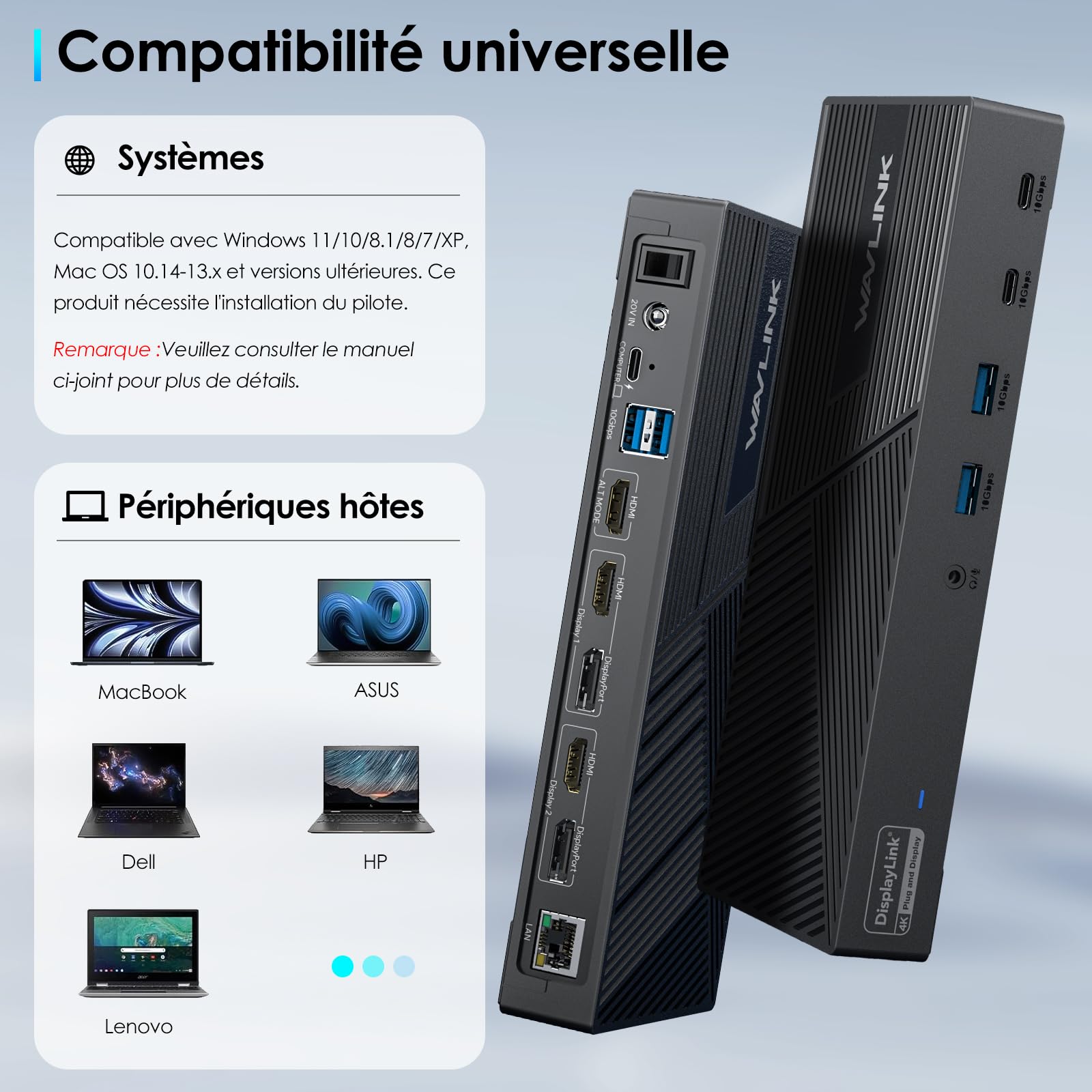 WAVLINK Displaylink Station d'accueil Universelle USB C, avec 3 x HDMI, 2 x DP, 100 W PD, Gigabit Ethernet, 6 × 10 Gbps USB-A&C, Audio, Microphone, Compatible avec Mac OS et Windows