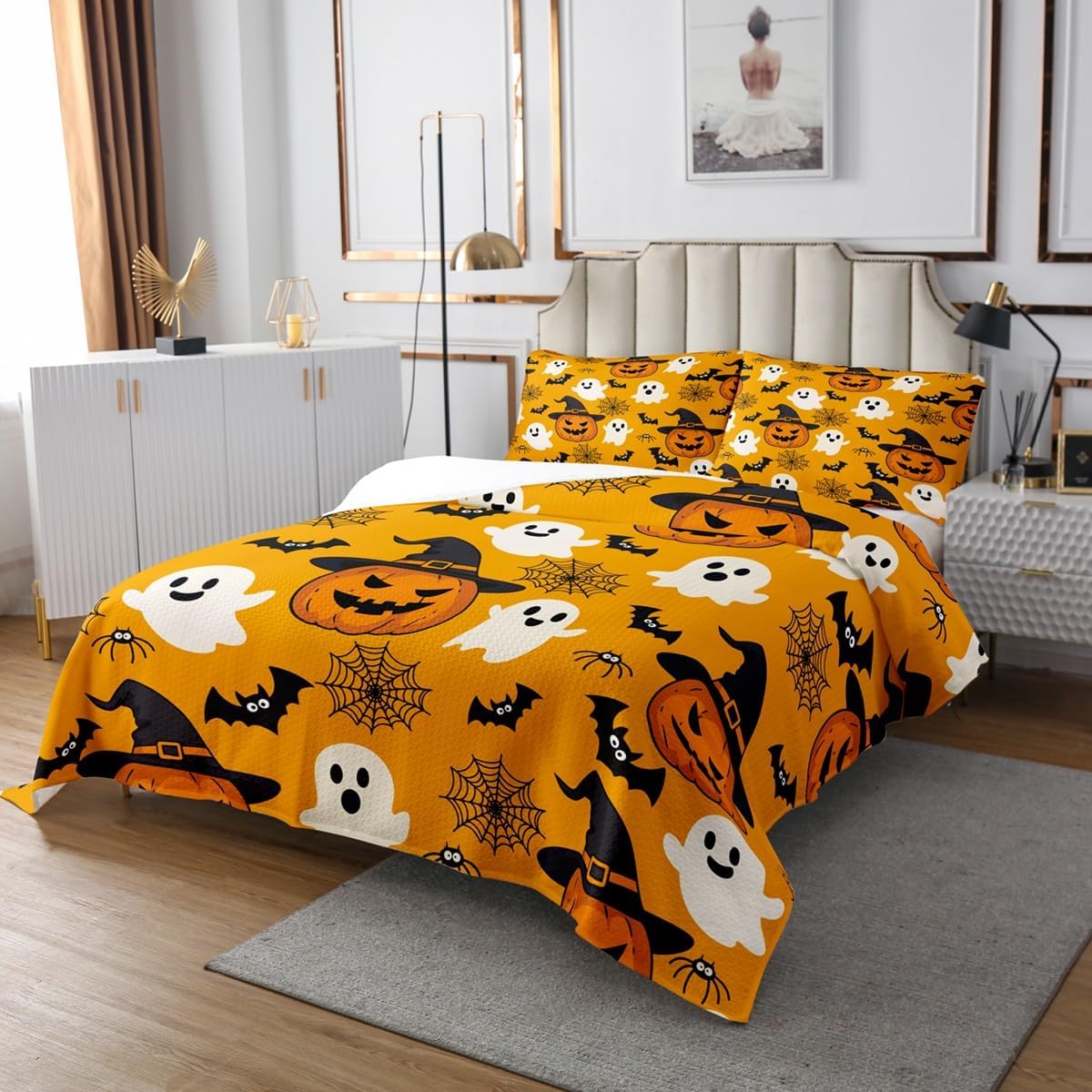 Erosebridal Pumpkin Lantern Bedding Set King Gothic Halloween Ghosts Bedspread Set for Boys Girls Kids Room Decor Cartoon Spider Web Bats Coverlet Set,Goth Horror Theme Bed Set,Orange