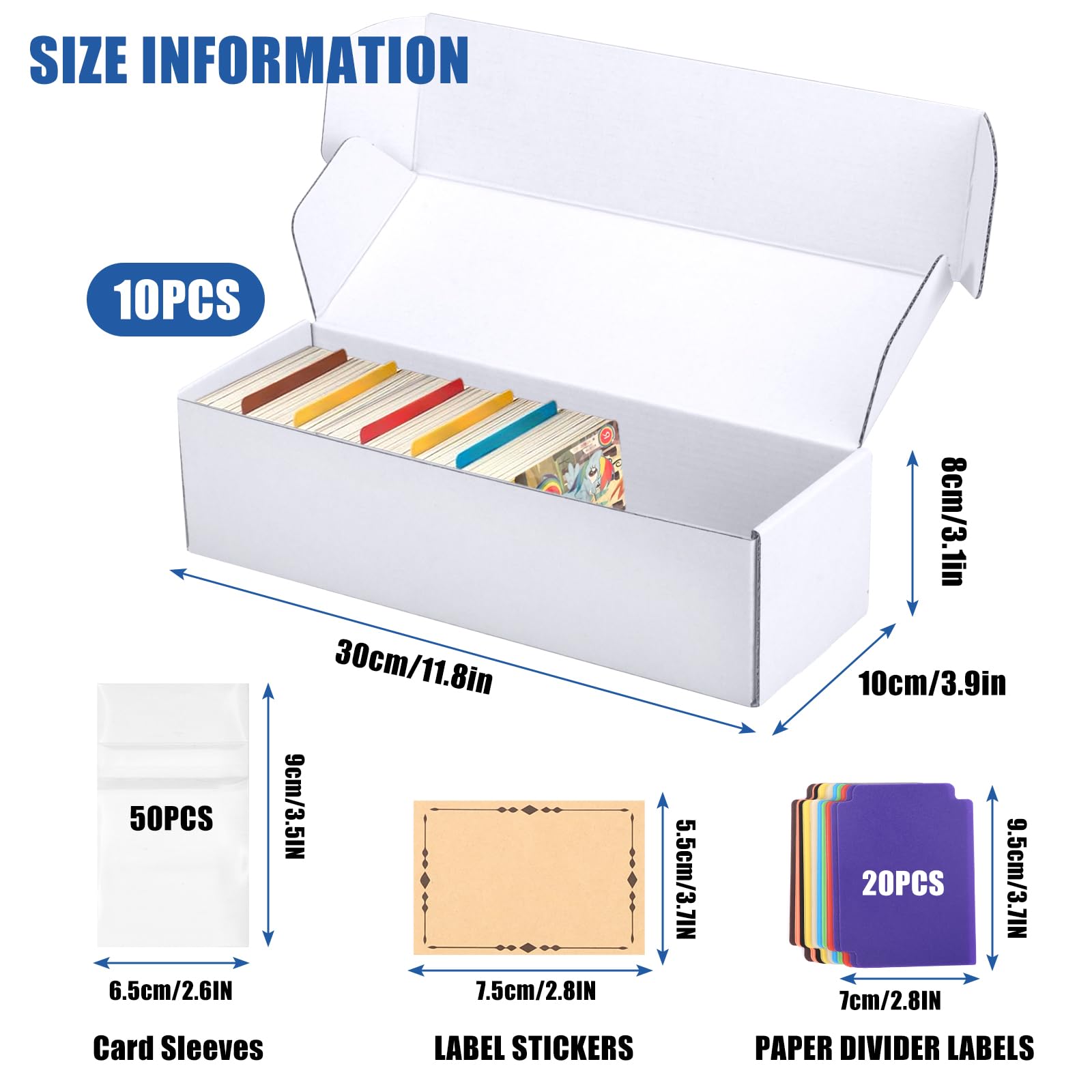 Draupnir 10 Pack Trading Card Storage Box, Cardboard Game Card Storage Box White Bulk Card with 20 Dividers, 50 Cards Protector and 2 Label Stickers for Baseball, Sports, Game Cards Storage Boxes