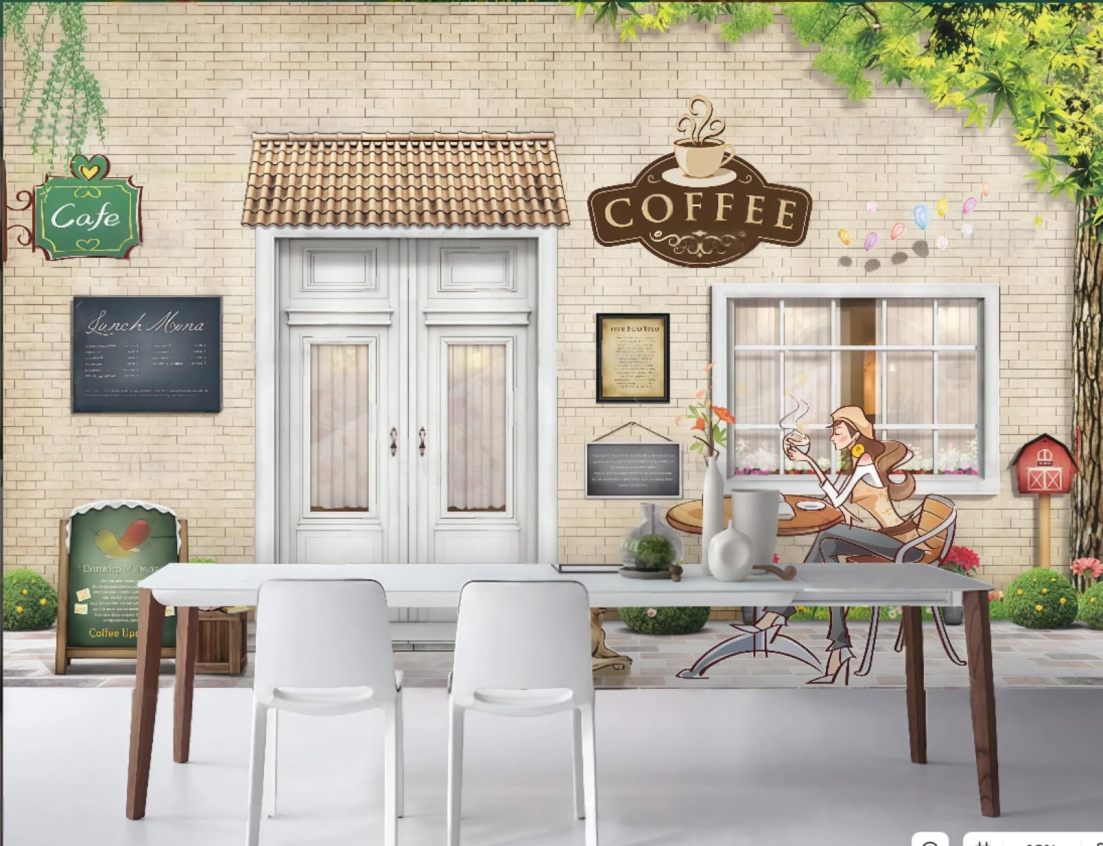 XDOUBAO Wallpaper Fashion Brick Wall Window Scenery Coffee Drink Shop Theme Afternoon Tea Western Restaurant Background Wall Wallpaper Coffee Shop Mural,3D,430x300cm