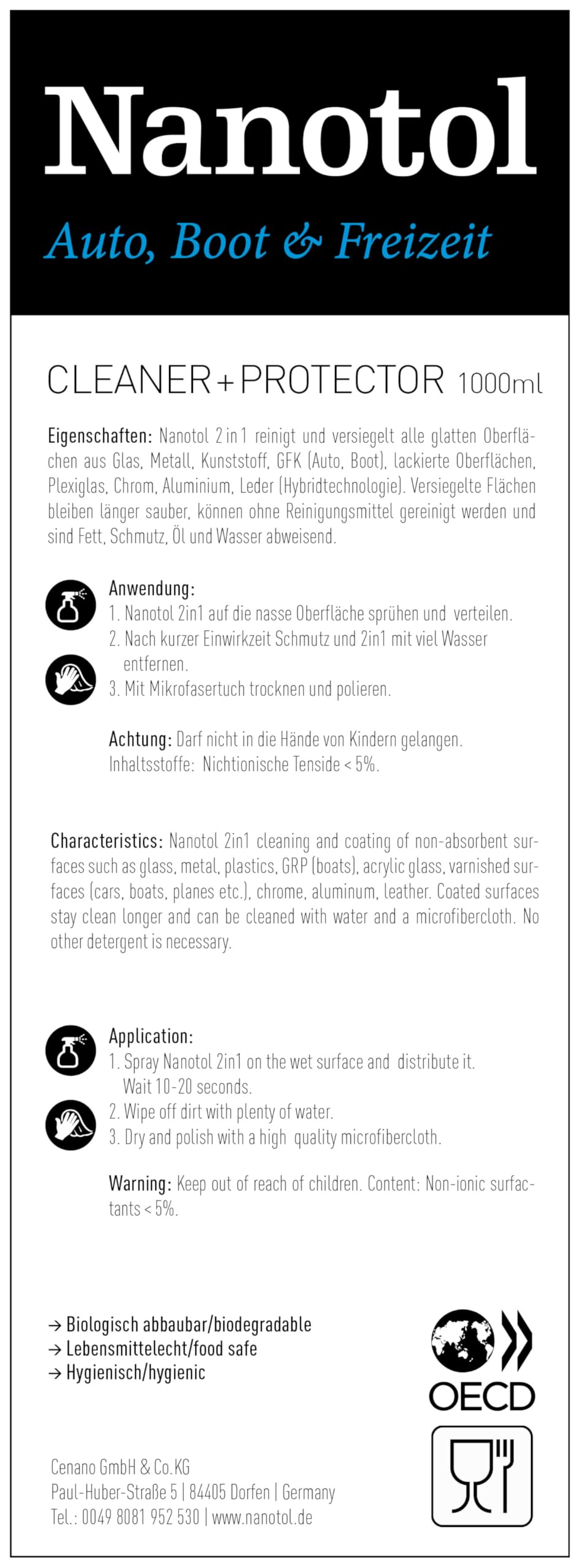 Nanotol 2in1 Auto Cleaner & Protector – Reinigung und Nano Versiegelung für Lack, Glas & Kunststoff, Scheibenversiegelung Auto – 2+1 Gratis, 3 x 1000 ml