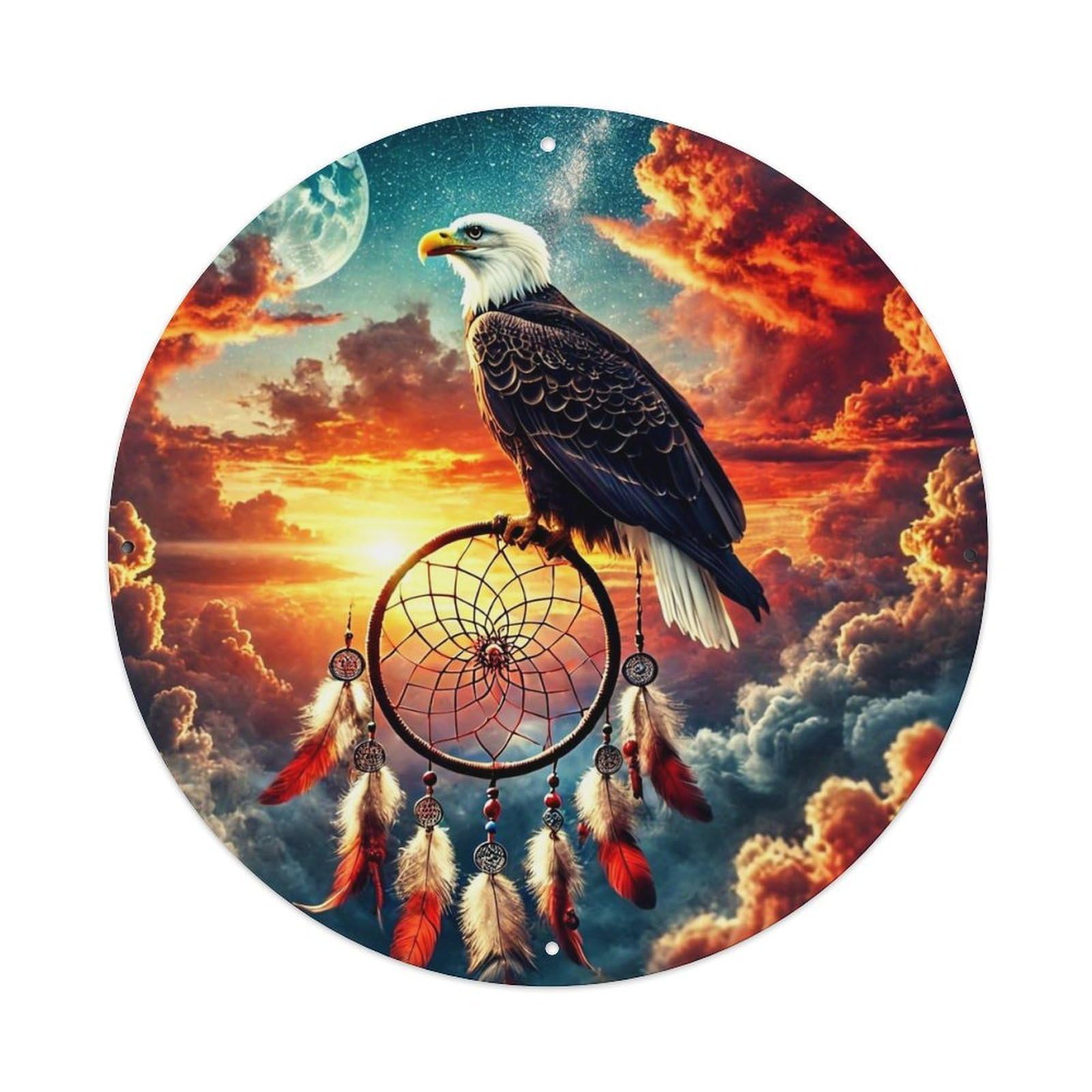 Eagle On Dreamcatcher Sunset Sky Vintage Metal Tin Sign Retro Wall Decor for Home Bar Garage Cafe, Indoor & Outdoor Decorative，circle Metal Poster, 8x8 Inch