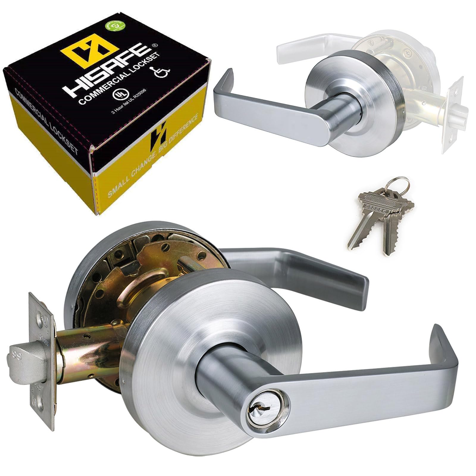 Photo 1 of HISAFE Storeroom Door Handle Heavy Duty Grade 2 Commercial Door Locks, Non-Handed, UL 3 Hour Fire Rated, ADA Compliant, Satin Chrome Finish 26D, 2-3/4''Backset, X-XG-ST-70