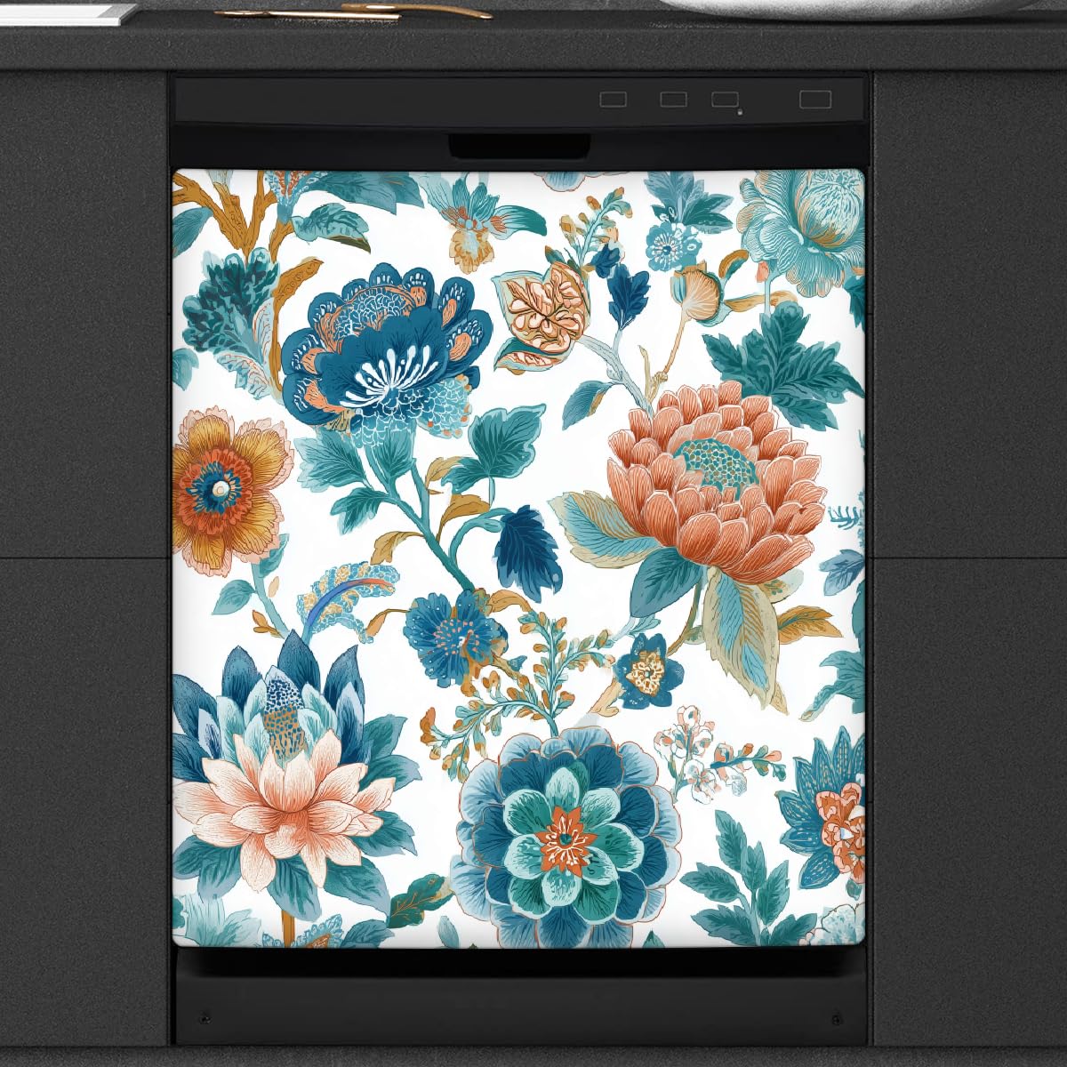 Geschirrspüler-Abdeckung, Magnet, 66 x 53 cm, Kühlschrank-Türabdeckungen, Blaugrün, Orange, Blumenmuster, Geschirrspüler-Panel, Magnete, dekorative Abdeckung für Zuhause, Küche