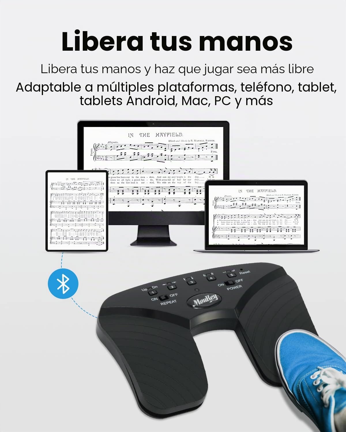 Moukey Wireless Page Turner Pedal para Tablets Teléfono Recargable Negro