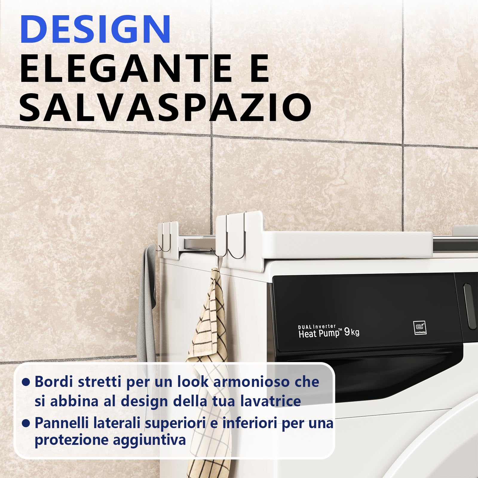 JHCHU Slimline - Kit impilabile per lavatrice e asciugatrice, telaio universale per elettrodomestici da 45-68 cm, design salvaspazio con cinghia a cricchetto e 4 ganci multifunzione (bianco)