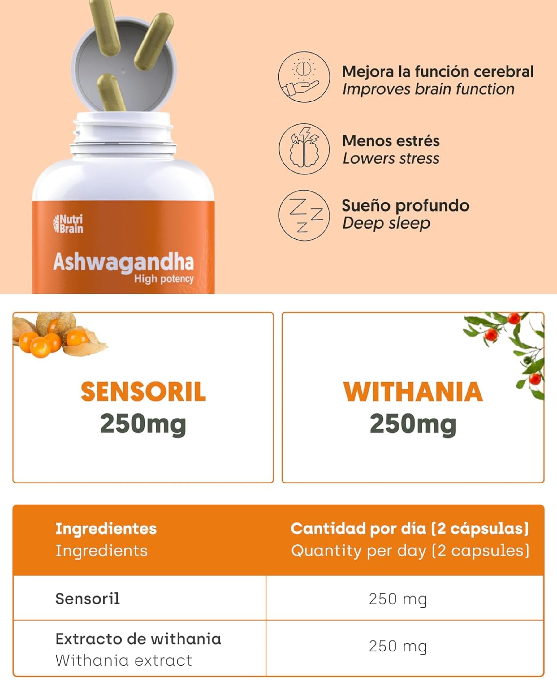 Ashwagandha Alta Potencia: Adaptógeno con Sensoril® (10% Withanólidos) | Sueño Profundo, Estrés, Bienestar, Concentración | 120 cápsulas | 4 Meses | 2x Más Concentrado que Ashwagandha KSM-66|Lote