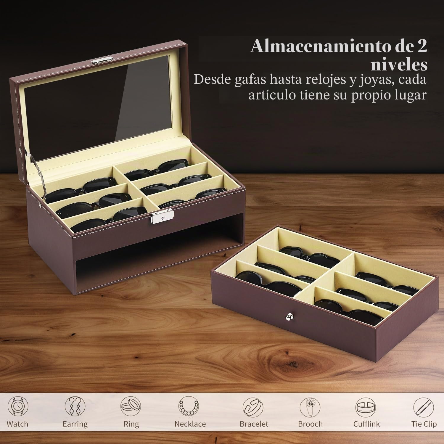 AUTOARK Organizador de 12 piezas para gafas de sol y Cajón con cerradura,Cuero sintético,Tapa de Vidrio,Marrón,AW-129