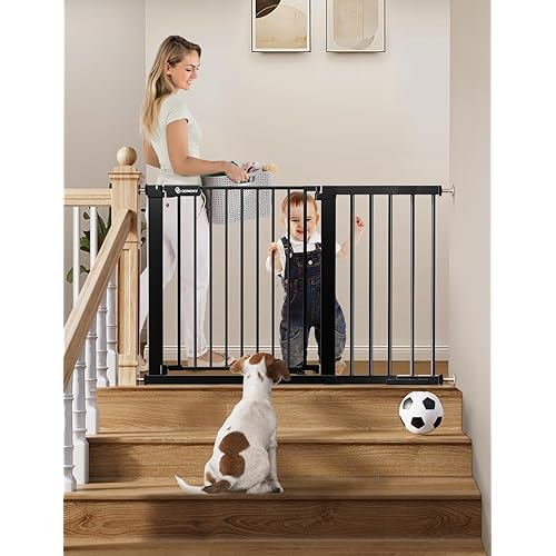 COMOMY 30" Tall Baby Gate for Stairs Doorways, Fits Openings 29.5" to 46" Wide, Auto Close Extra Wide Dog Gate for House, Pressure Mounted Easy Walk Through Pet Gate with Door, Black