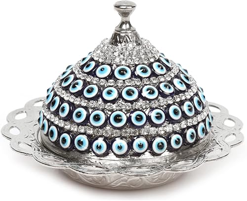 Alisveristime Cuenco de caramelo de chocolate de latón hecho a mano recubierto con tapa (ojo malvado) (plata)