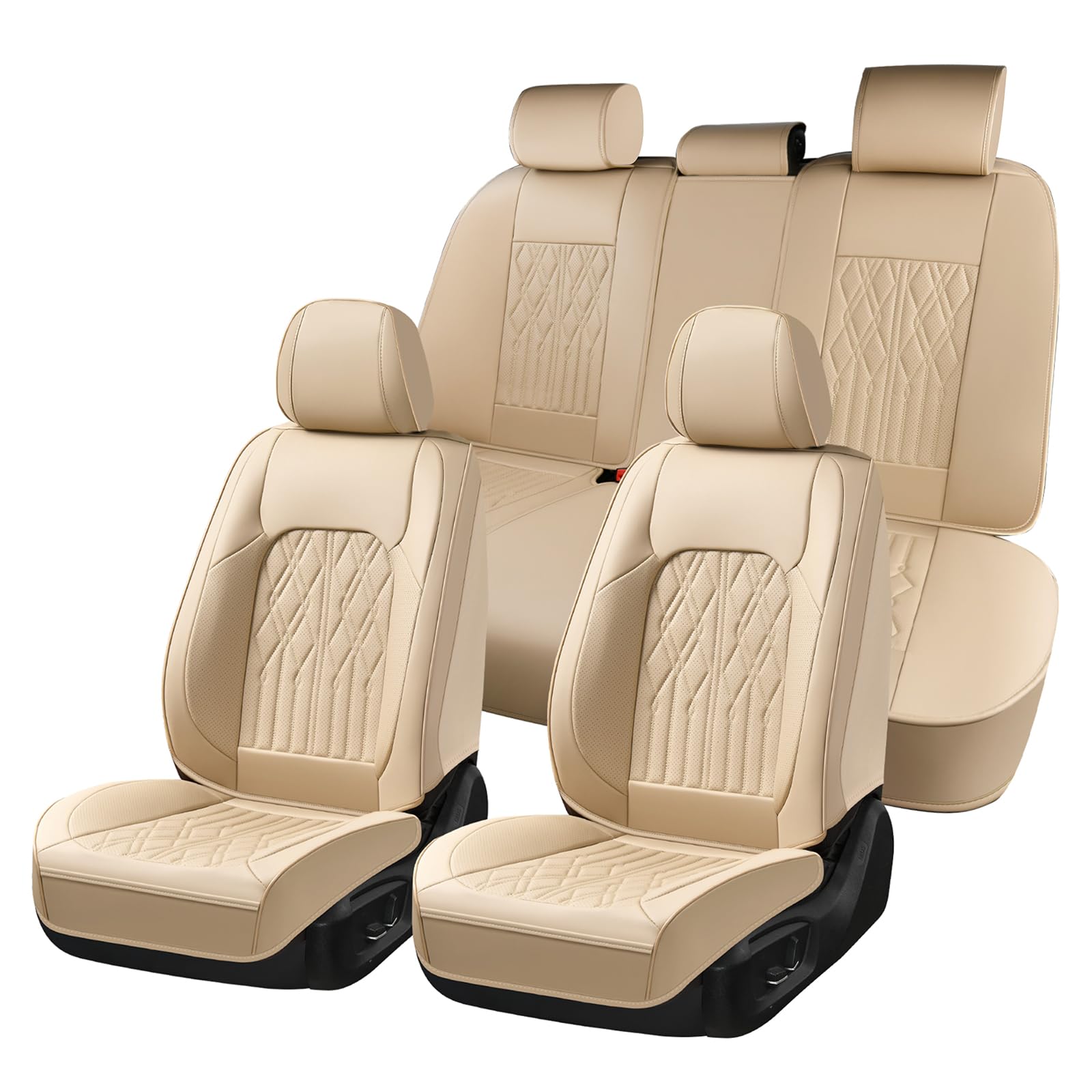 Huidasource Car Seat Covers Full Set, Leather Seat Cover Universal Fit for Most Cars Sedans SUVs Trucks, Airbag Compatible, Cup Holder Access, Easy Install, Wipes Clean, Wear-Resistant, Beige