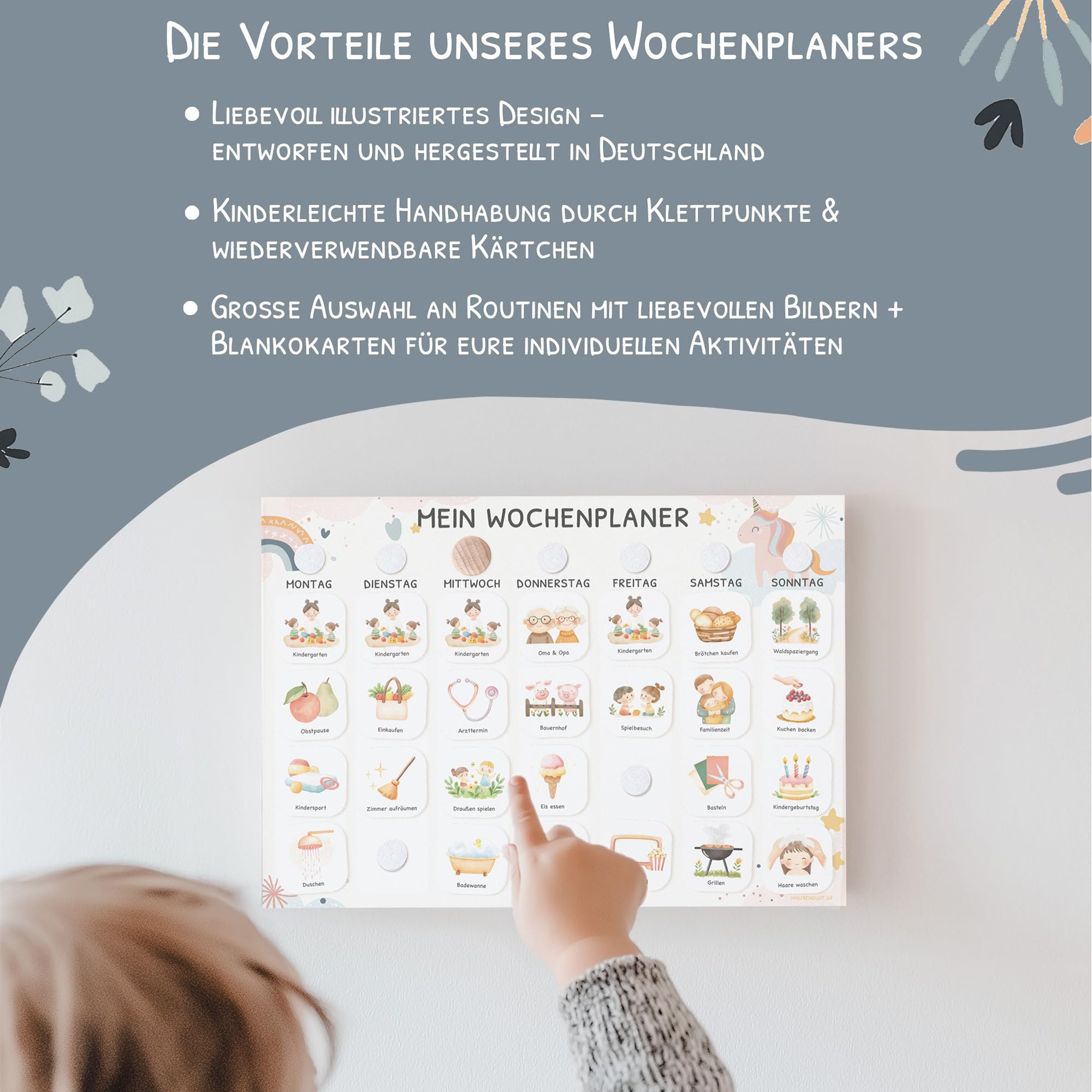 Wochenplaner Kinder mit Klettpunkten, Montessori Tagesplan mit 350 Routinekarten – visueller Routineplaner für Kinder, Familienplaner für mehr Struktur im Alltag (Einhorn)