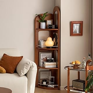 4-Tier 100% Solid Wood Corner Bookshelf, 64” Tall Mid Century Modern Corner Shelf Display, Open Storage Bookcase for Home Offie, Living Room (Poplar Wood)