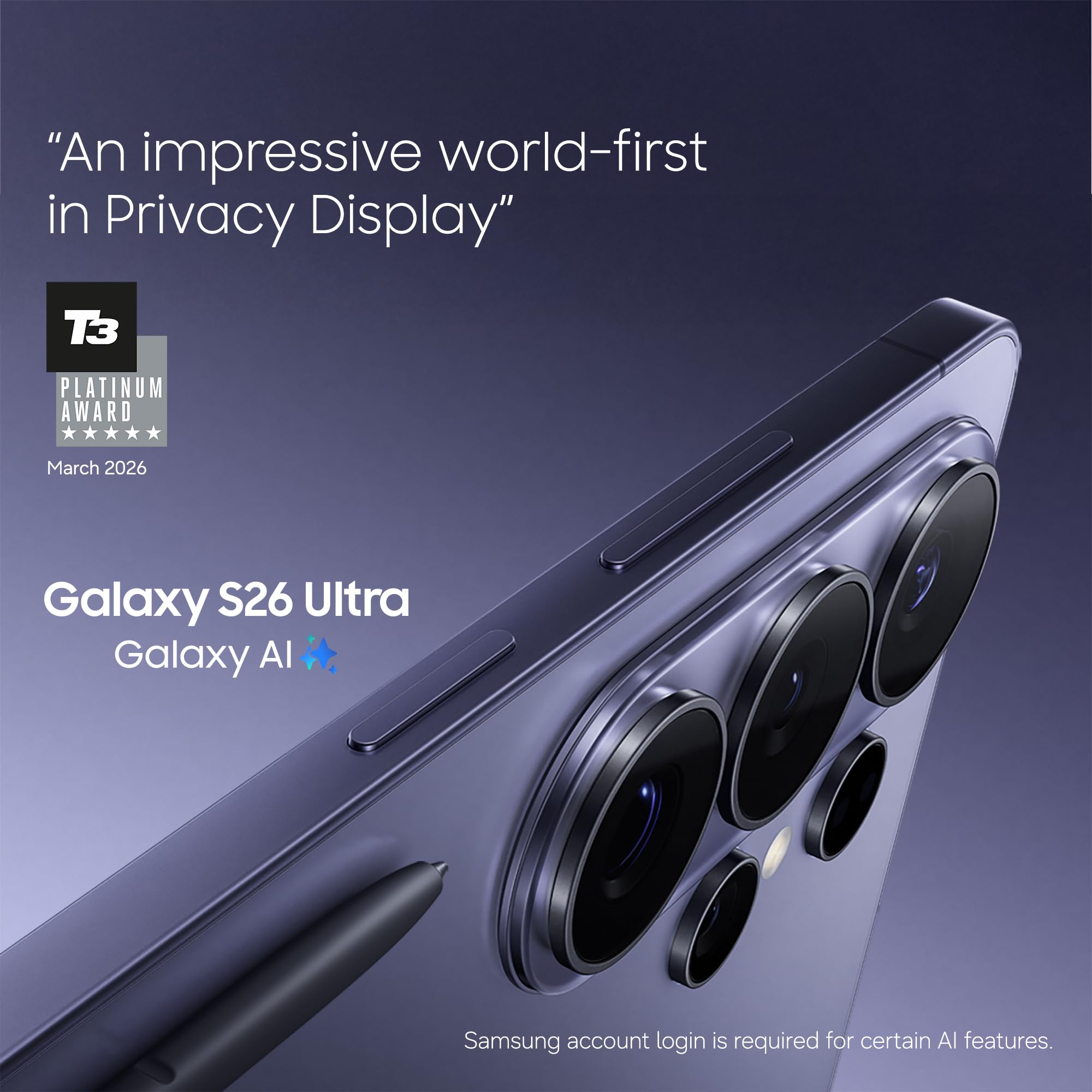 The Samsung Galaxy S26 Ultra AI Phone in Black, showcasing its sophisticated design and advanced camera system.