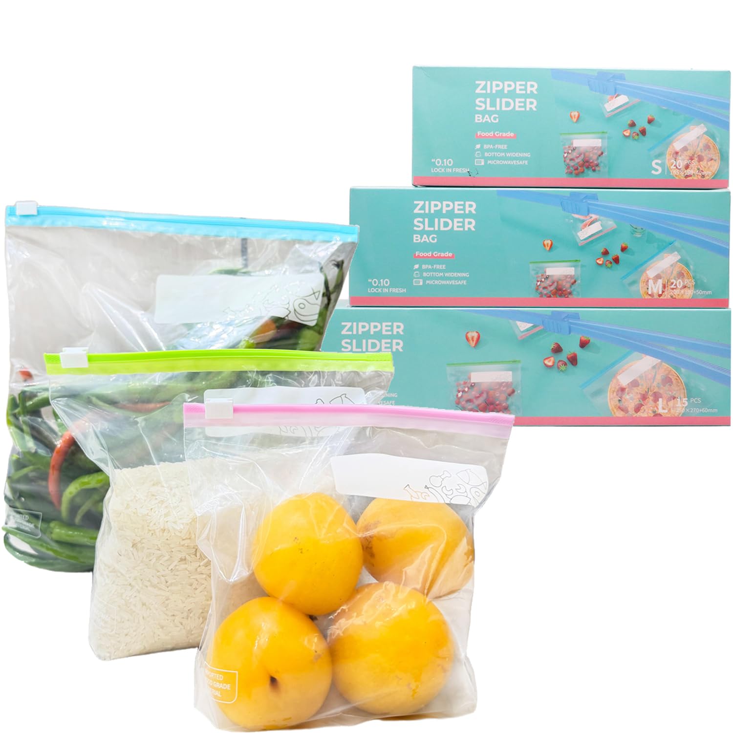 XXJXING 55 Pcs Reusable Freezer Bags, 3 Sizes Food Storage Bags (4L, 2L, 1L) BPA Free Ziplock Bags with Expandable Bottom for Meats, Fruits, Vegetables and Snacks