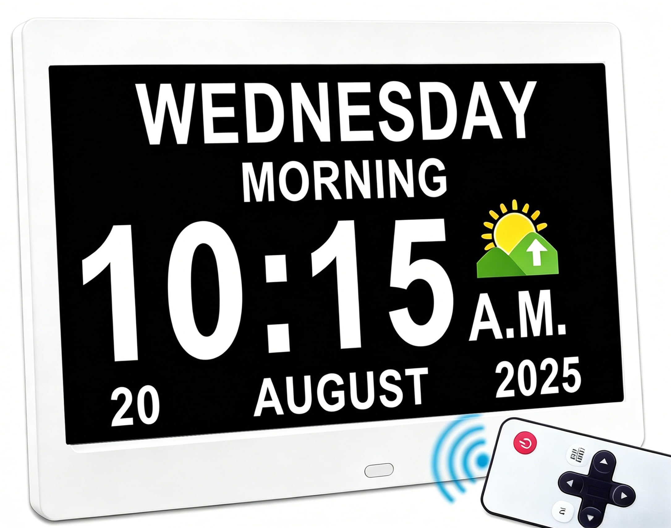 Véfaîî 10" Inch Large Digital Clock with Auto DST and Sun Moon Icons, Custom Reminders and Calendar, Day Date for Seniors Dementia Alzheimers' Clock with Remote Control（White）