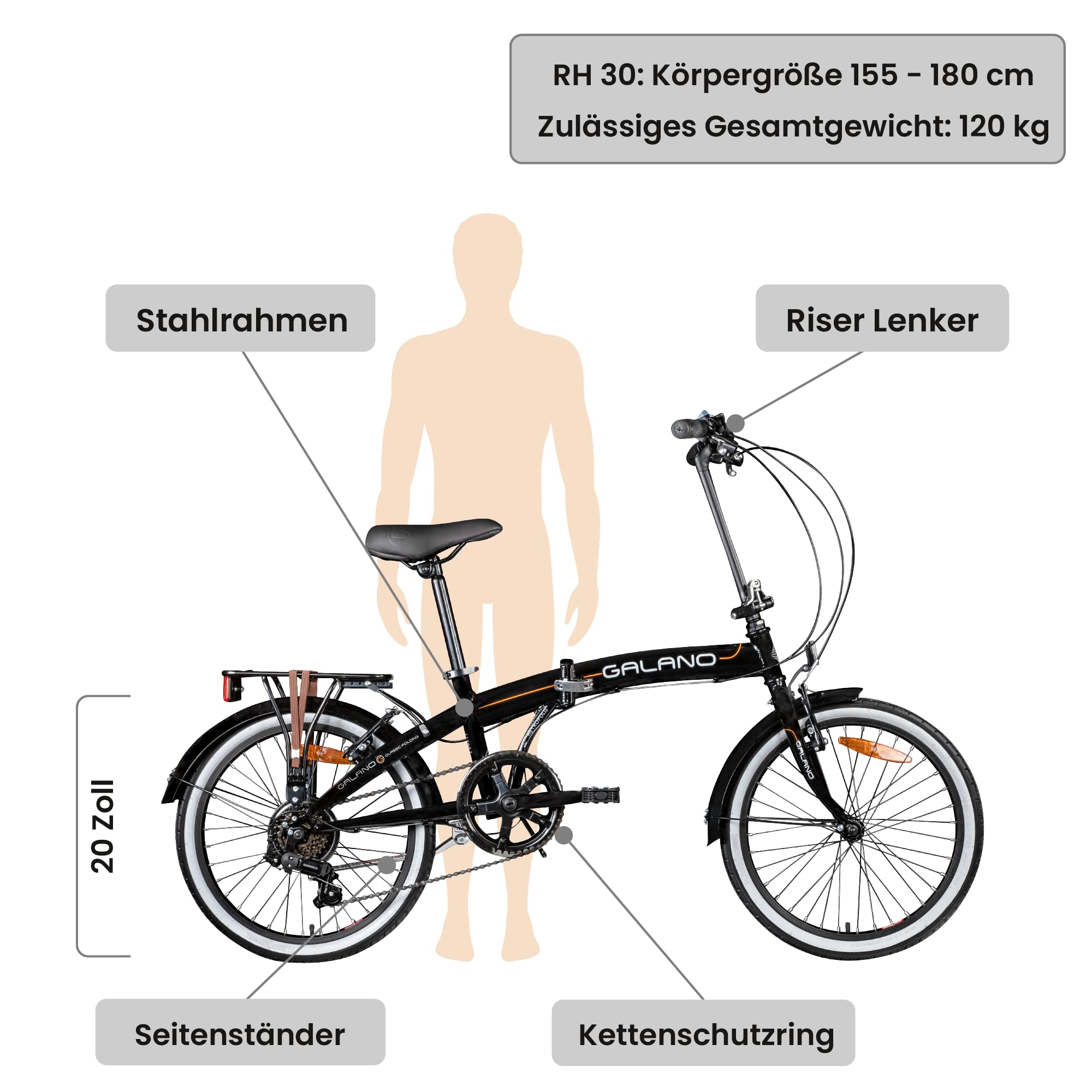 Galano Metropolis Klapprad Erwachsene 155-180 cm 6 Gänge Fahrrad V-Brakes Gepäckträger Klappfahrrad City Bike