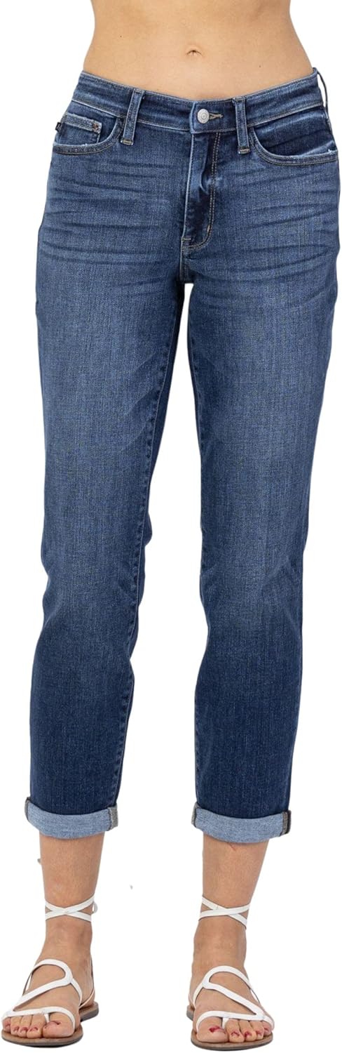 Judy Blue Women's Mid-Rise Rolled Cuffed Boyfriend Jeans