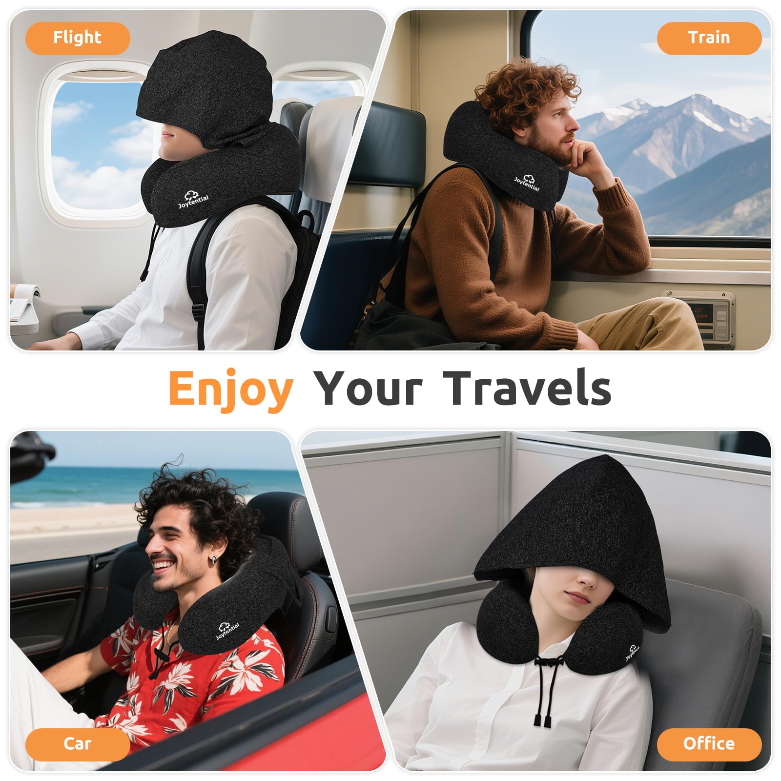 Almohada de Viaje con Capucha, Almohada Cuello de Espuma Memoria Confort, Negro Oscuro
