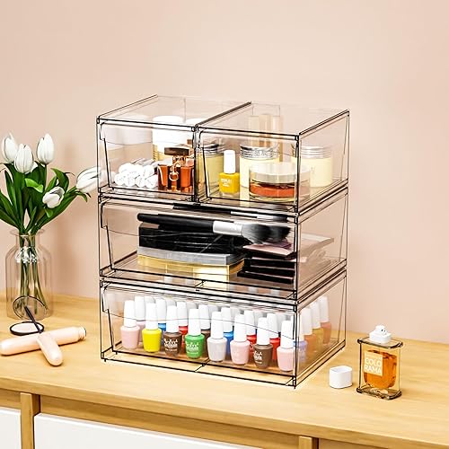 Miniatura 7 de Paquete de 6 cajones de almacenamiento apilables transparentes, organizador de maquillaje de baño grande de 12 pulgadas de ancho y bolígrafo, lentes