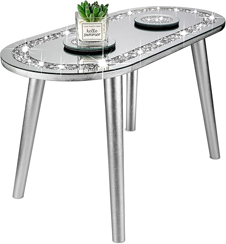Weysat Mesa auxiliar con espejo de 3 piezas con posavasos de cristal espejado, mesa de acento moderna plateada brillante, posavasos de cristal