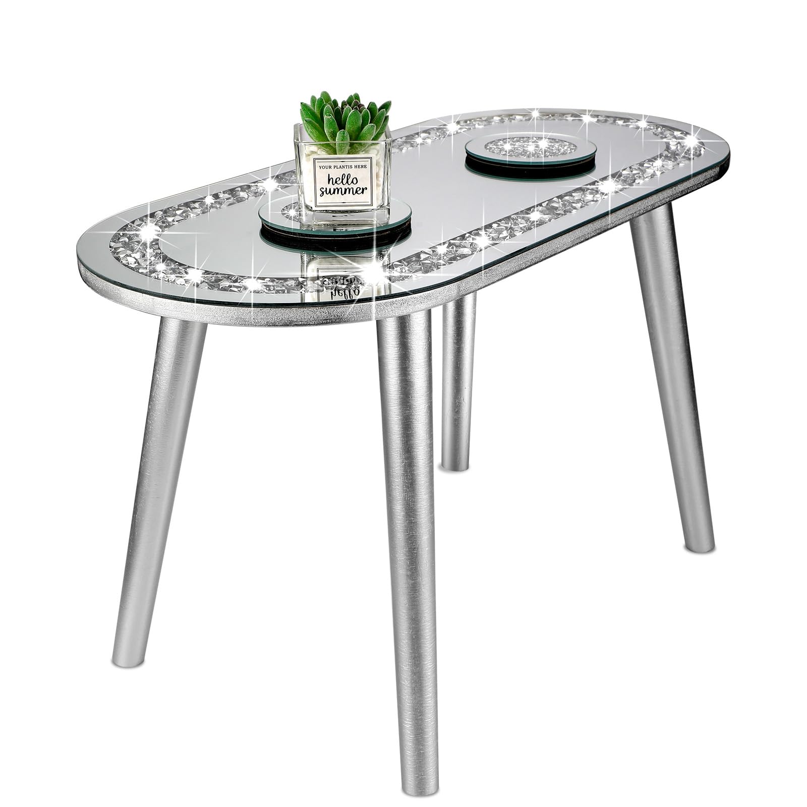 Weysat 3 Pcs Mirrored End Table with Glass Mirrored Coaster Modern Silver Accent Table Bling Mirror Side Table Crushed Crystal Coasters Crushed Diamond Cup Mat for Living Room Kitchen (Oval,Round)