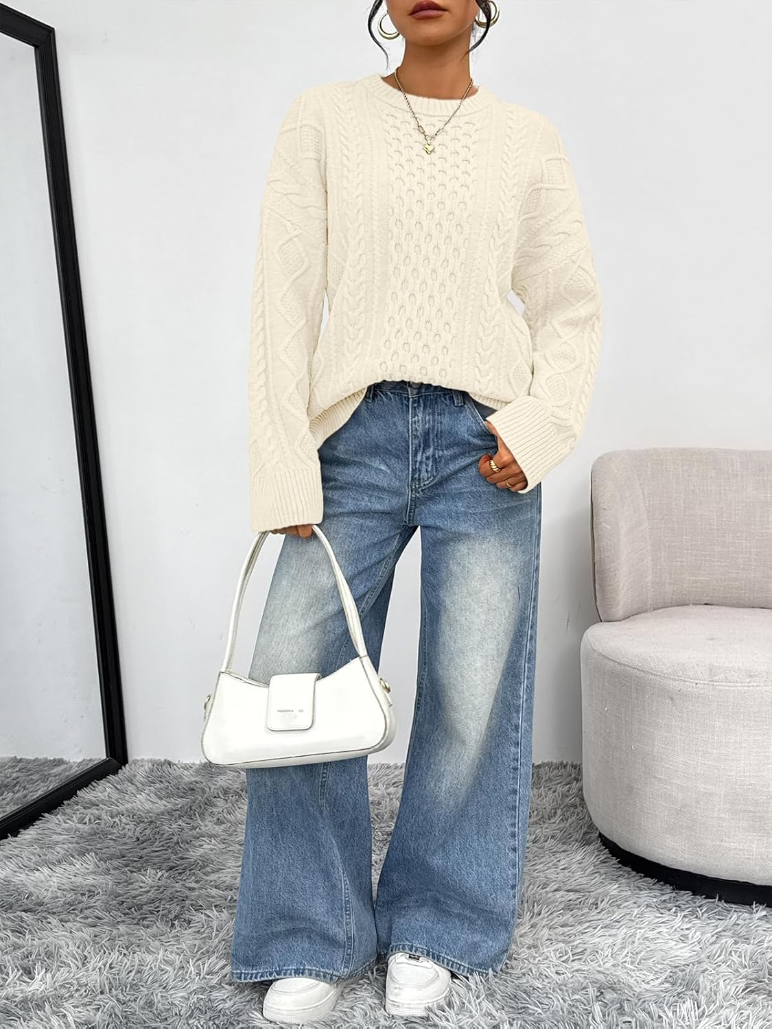 Trendy Queen Oversized Cable Knit Sweaters for Women Trendy 2026 Fall Fashion Outfits Pullover Crewneck Sweaters Tops - Image 6