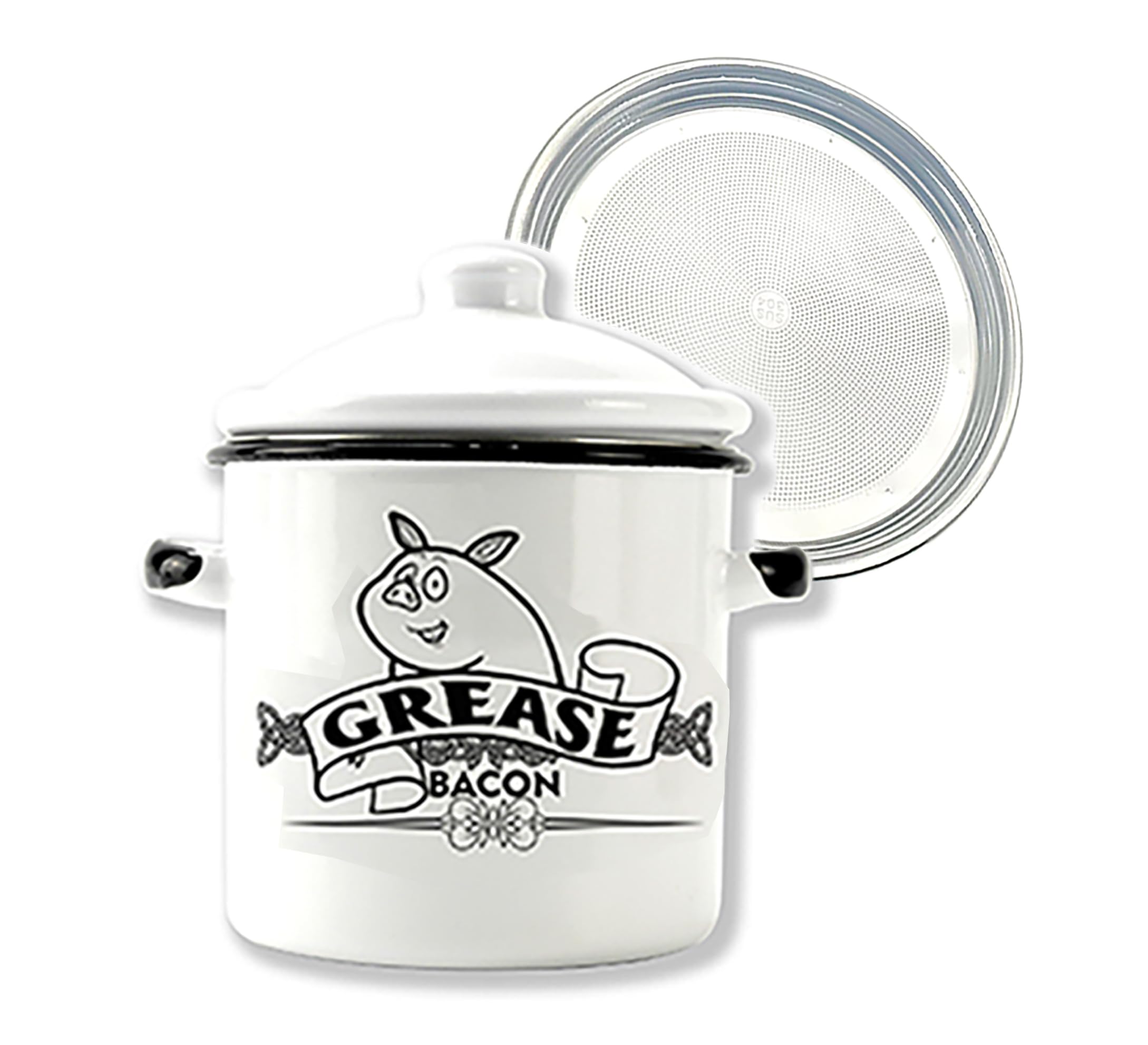 Roadmap 1.5L White Enamel Bacon Grease Container with Strainer, Grease Canister with Cute Pig Pattern, Bacon Grease Saver, Oil Storage Jar, Kitchen Accessories for Farmhouse Kitchen Decor
